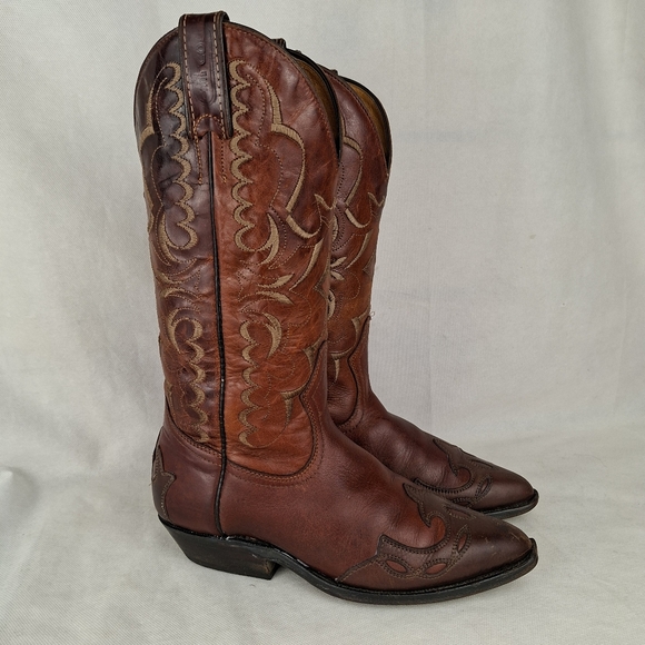 Boulet Embroidered Leather 2 Tones Brown Cowboy Western Boots Size 5 - Picture 4 of 16